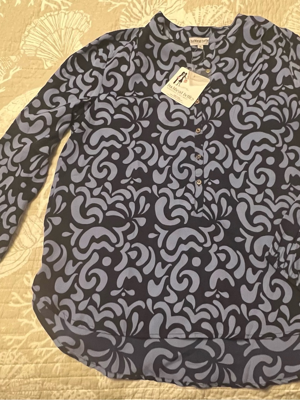 Buckhead Betties Navy and Light Blue Swirl-Pattern Button-Down Shirt